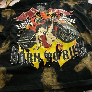 Betty Boop Tshirt Womens Large Black Cropped Vneck Bleached Grunge Biker Tattoo